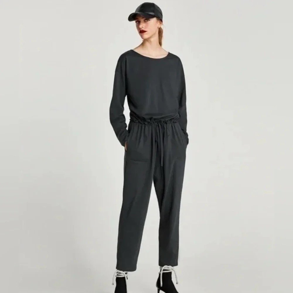 Zara Charcoal Gray Cotton Long Sleeve Drawstring Waist Jumpsuit S 0858/217/822